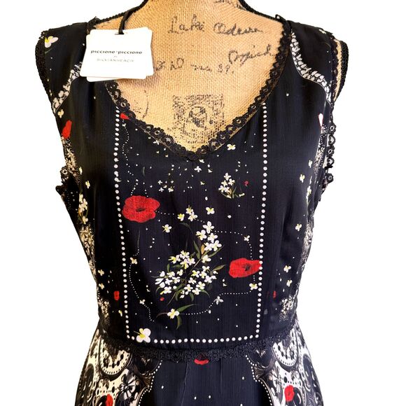 Piccione Piccione by Silvian Heach Black Floral Midi Sleeveless Dress Sz L - Picture 2 of 16